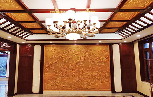天涯镇中式别墅客厅中式木作横梁吊顶装饰展示